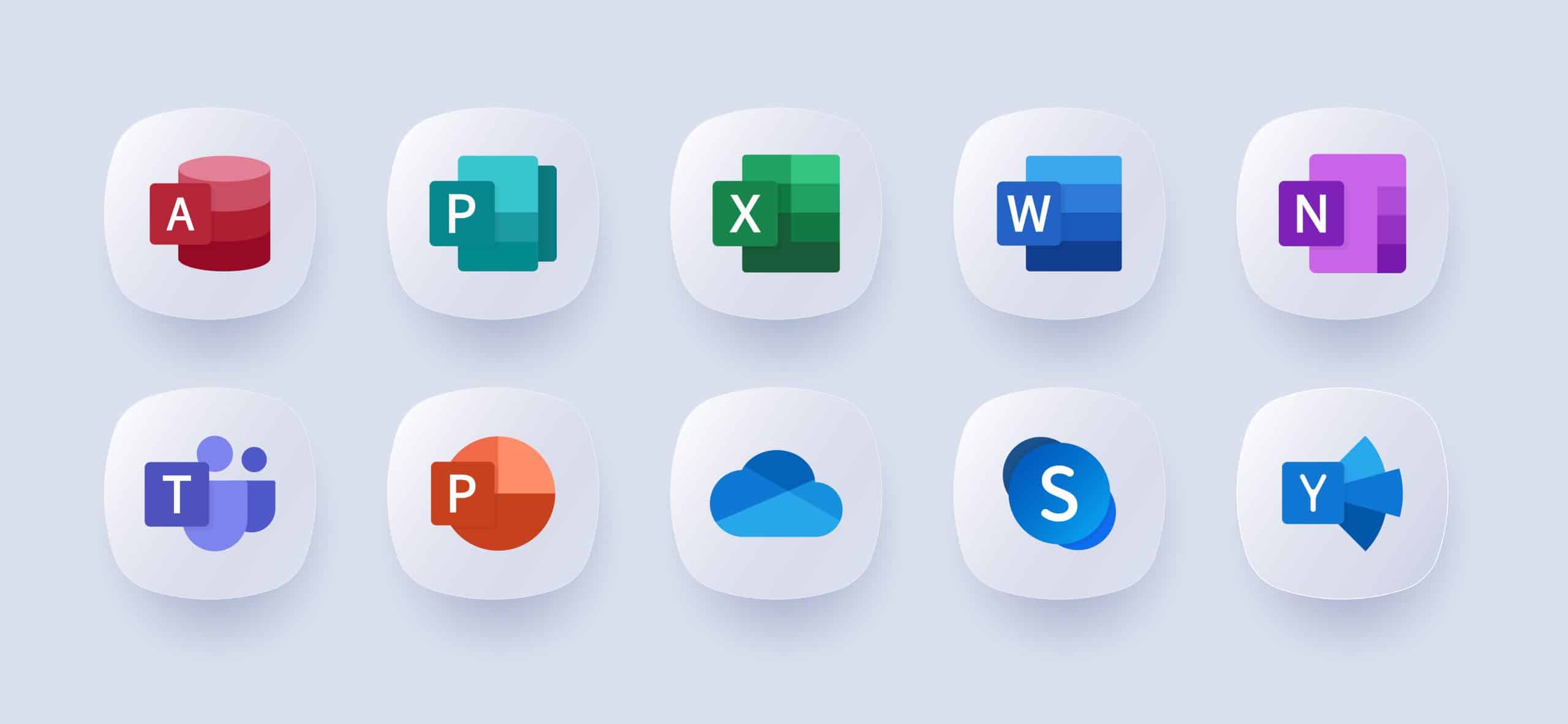 Microsoft Office 365: Excel, PowerPoint, Publisher, Sway, Outlook, SharePoint, Access, Exchange, Word, Yammer, OneDrive, Teams, Skype, OneNote. Windows 11. Neomorphism. Editorial vector illustration