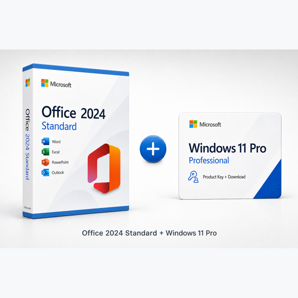 Microsoft Office 2024 Standard und Windows 11 Professional Bundle Produktbox