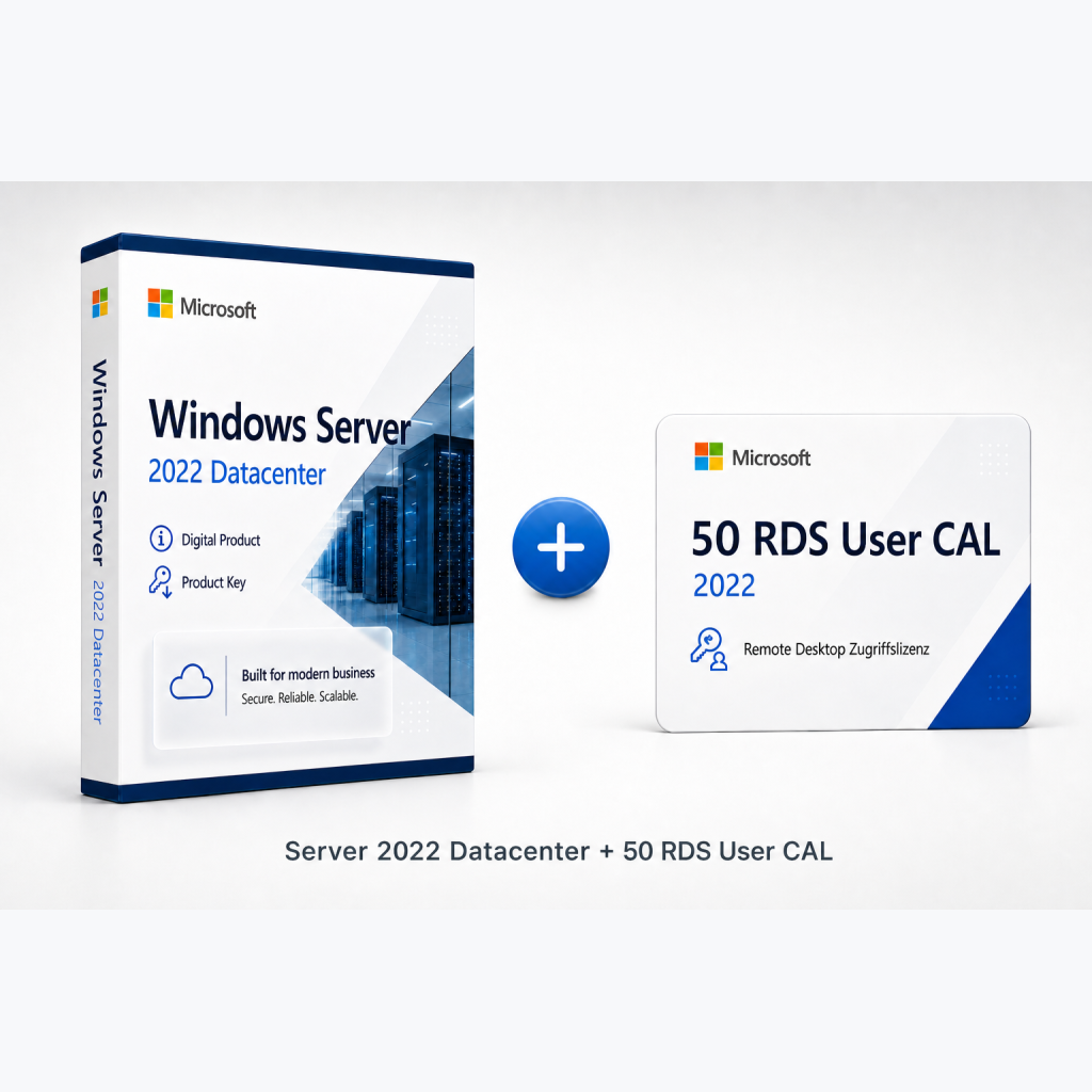 Windows Server 2022 Datacenter mit 50 RDS User CAL Bundle Produktbox im einheitlichen Masterlayout