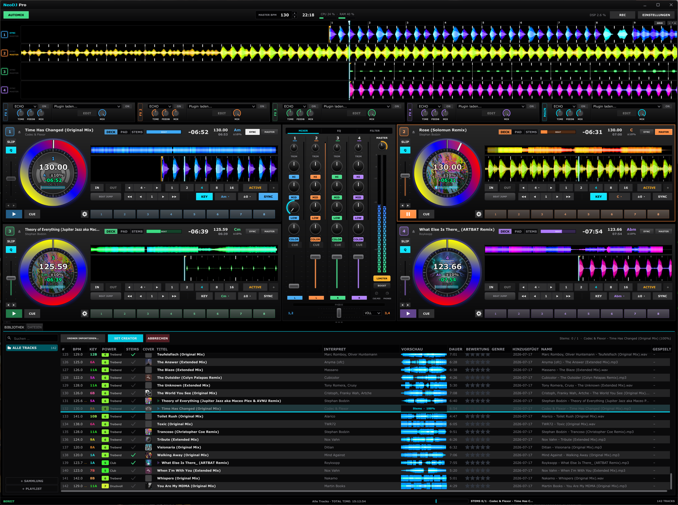 NeoDJ Pro anpassbare Jogwheels und Farben im 4-Deck-Layout
