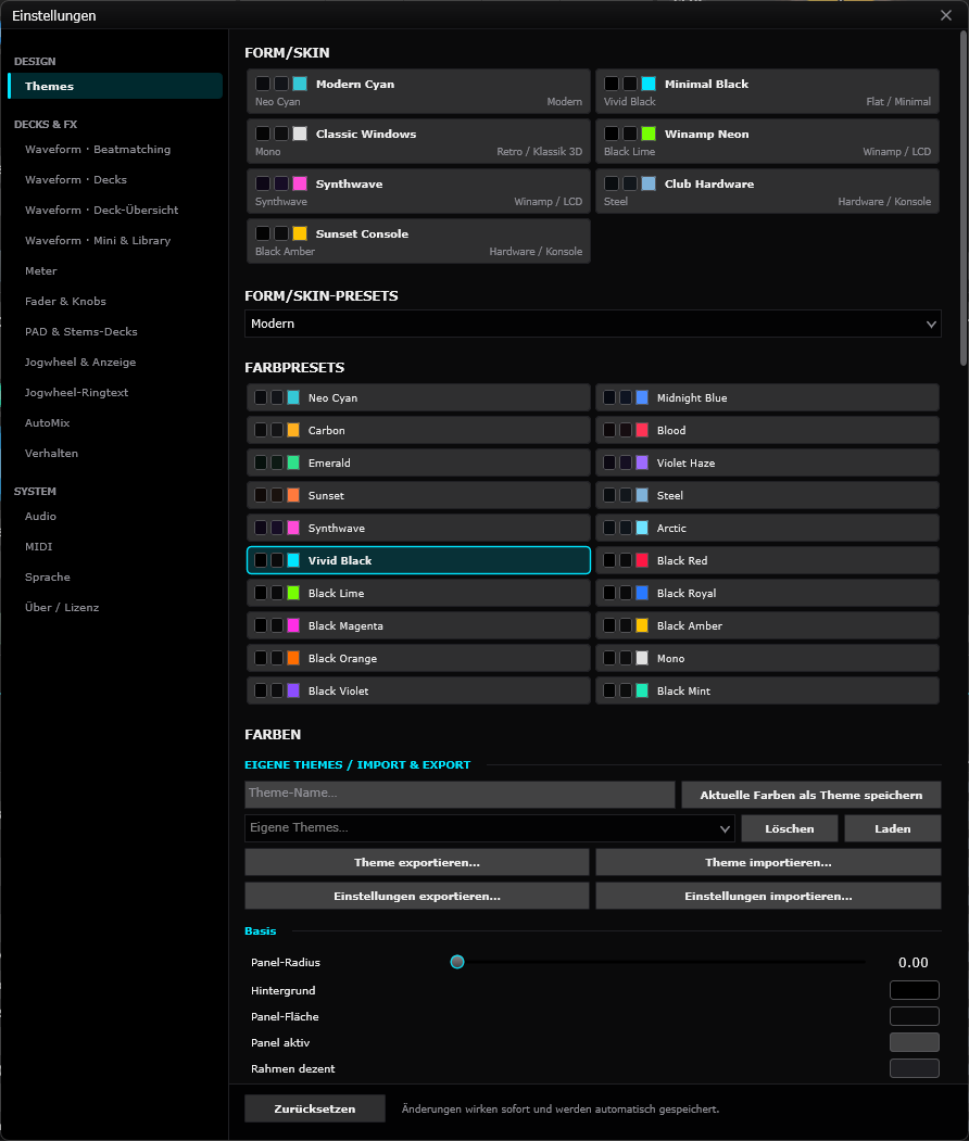 NeoDJ Pro Einstellungen mit Themes, Skins und Farbpresets zur Anpassung der Oberfläche