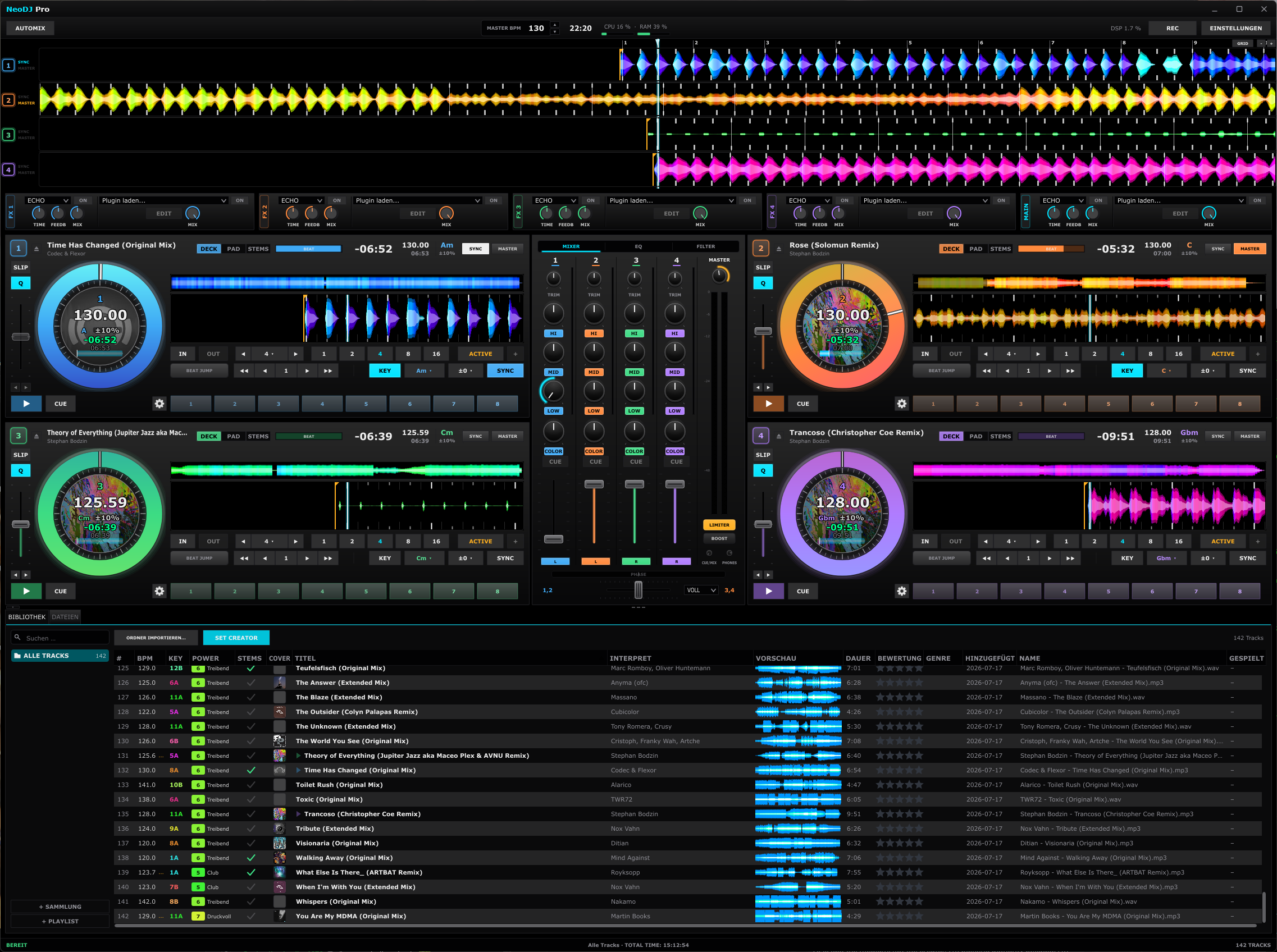 NeoDJ Pro farbige Wellenformen und beat-synchrone Deck-Effekte