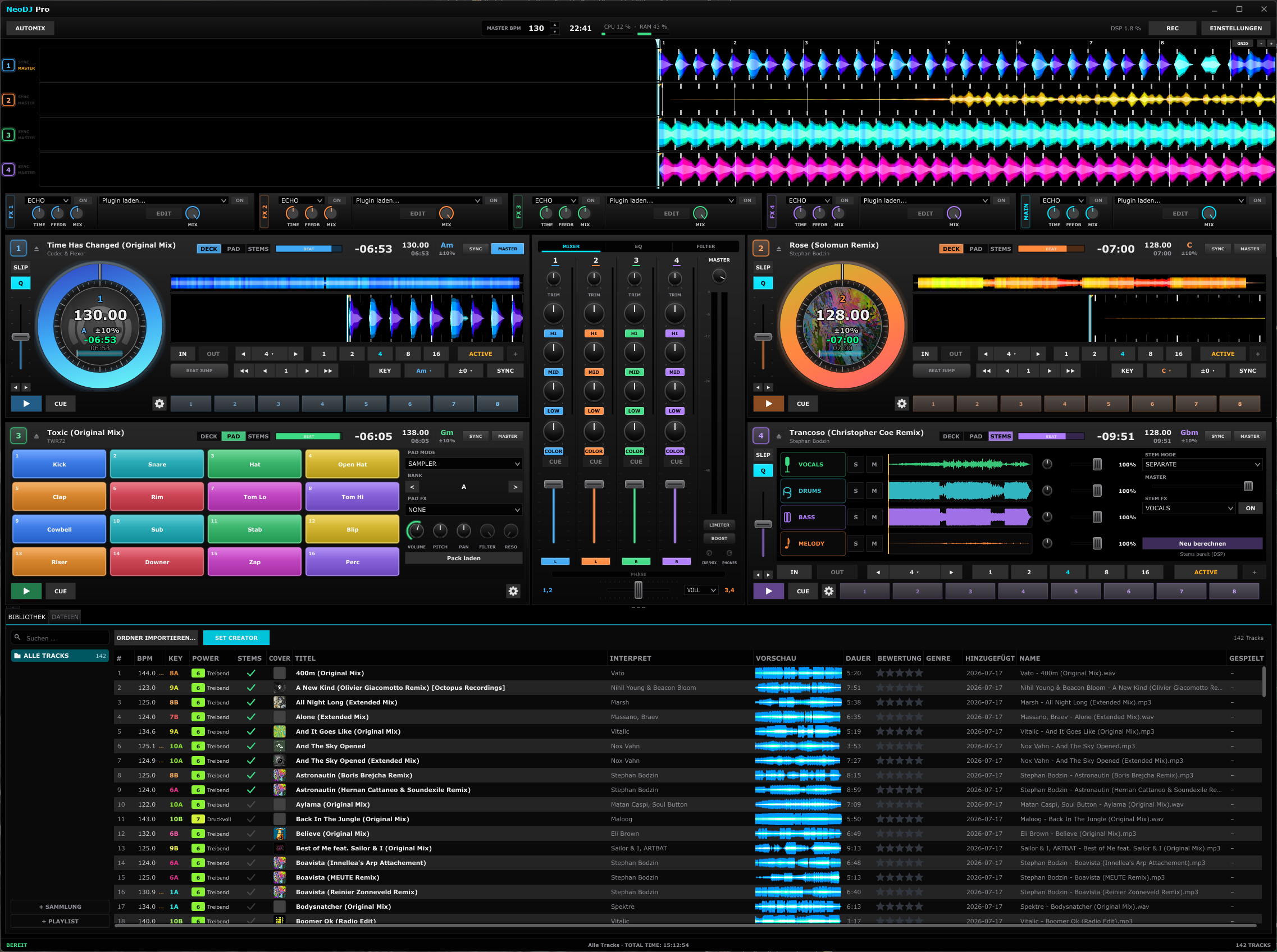 NeoDJ Pro Deckansichten DECK, PAD-Sampler und STEMS (Vocals, Drums, Bass, Melody)