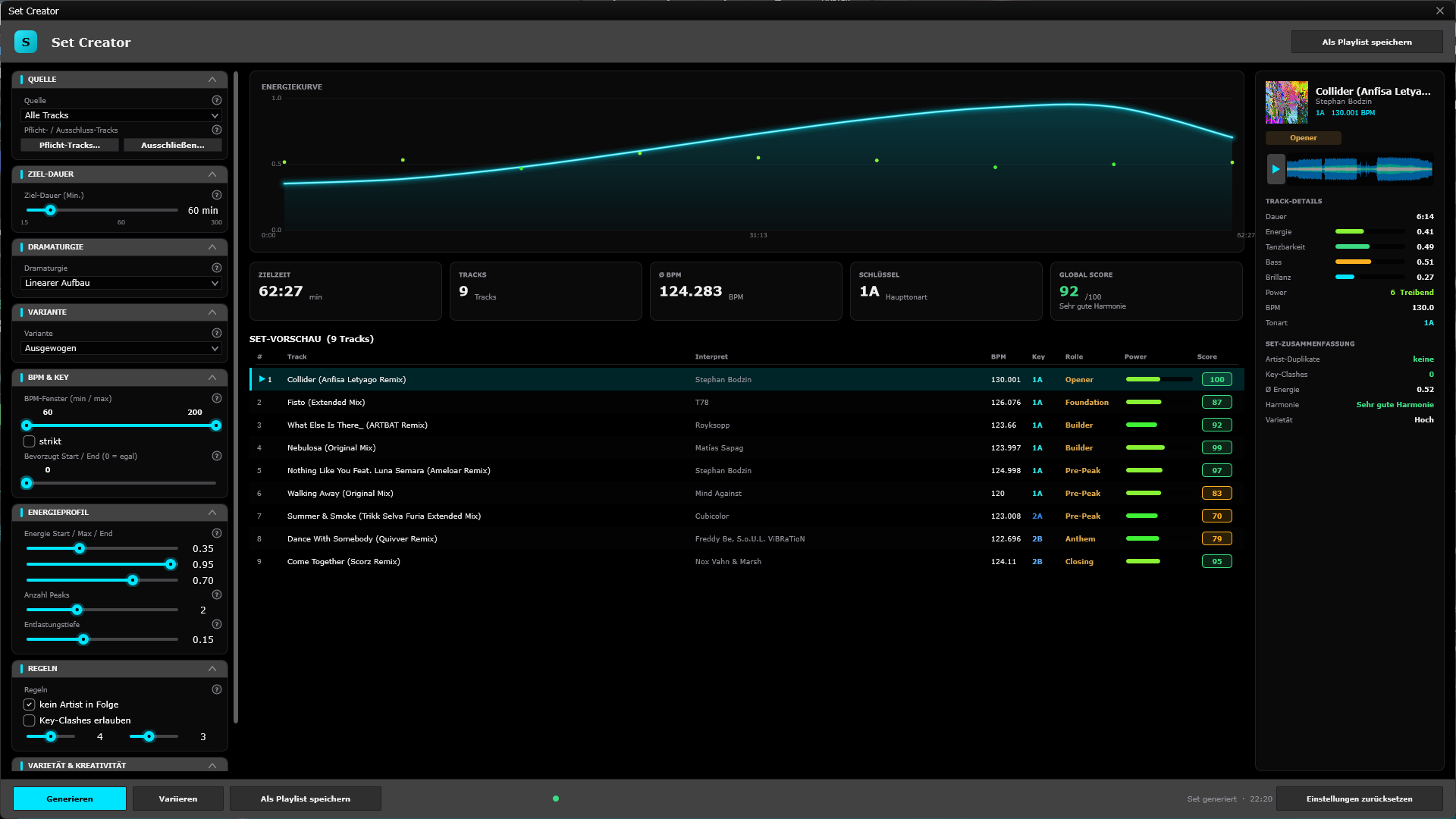 NeoDJ Pro Set-Creator erstellt DJ-Set nach Stimmung, Energiekurve und BPM